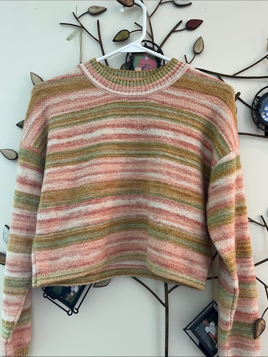 Billabong Sweaters - Billabong Cropped Striped Crewneck Sweater in Pink, Olive & Cream